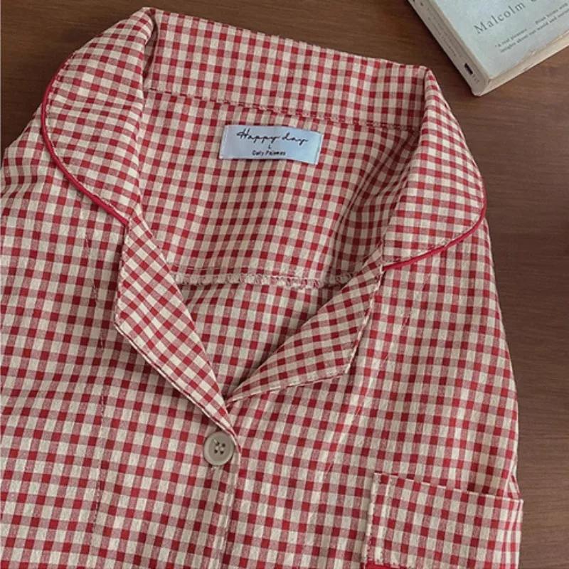 Версия клетчатой пижамы для женщин с длинным рукавом пижамы весенняя тонкая домашняя одежда больших размеров красная ночная рубашка с лацканами повседневный комплект домашней одежды