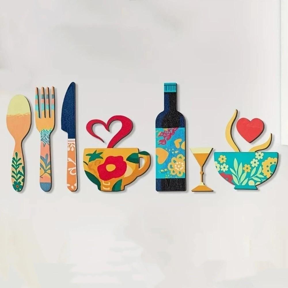 8PCS/SET Rustic Floral Kitchen Utensil Pendant Wood Coffee Cup Wall Sticker Wall Art Decals Bar