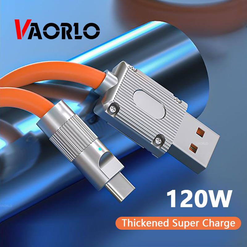 VAORLO Металлический USB-кабель для зарядки, кабель для быстрой зарядки и передачи данных для освещения Micro Type-C, силиконовый 120 Вт, быстрая зарядка с органайзером для кабеля