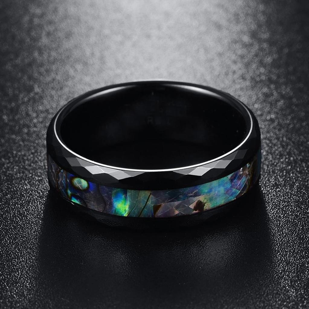 Кольца из кованой нержавеющей стали 8 мм для мужчин с инкрустацией из древесины коа и раковин морского ушка. Мужские обручальные и свадебные украшения.