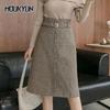 Women Plaid Wool Blend Midi Belted Skirts High Waist Slim Houndstooth A-Line Knee Length Skirt Female Faldas