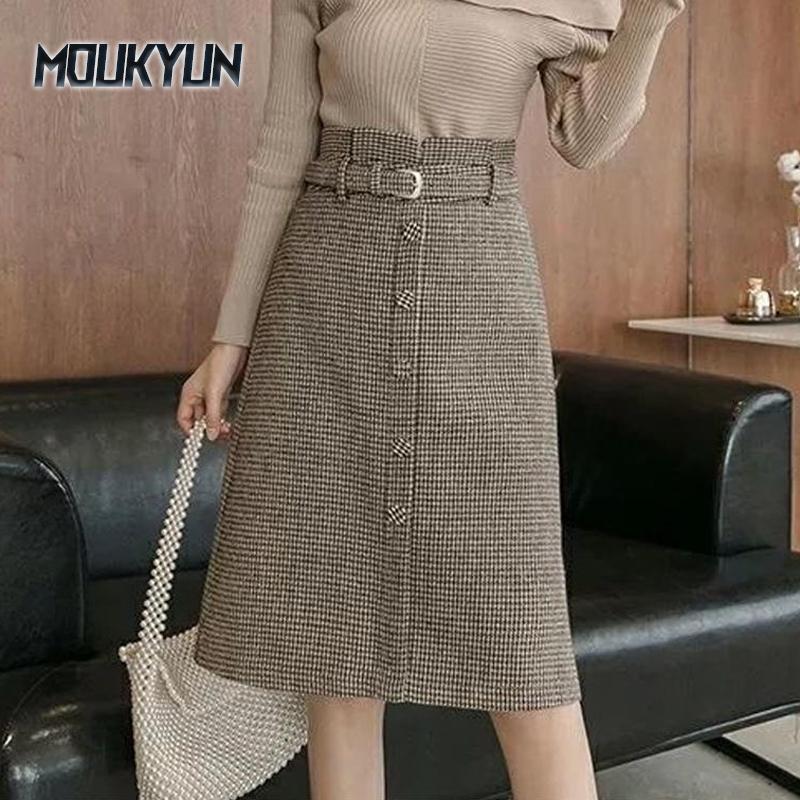 Женские клетчатые шерстяные юбки средней длины с поясом, с высокой талией, узкие, с узором «гусиная лапка», длиной до колена, женские юбки Faldas