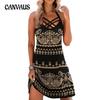 Women's A-line Dress Summer Vintage Print Hanging Neck Leak Back Sleeveless Dresses