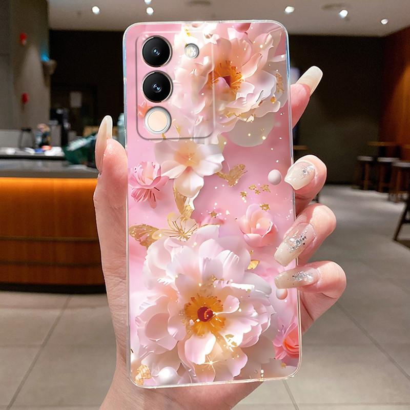 Phone Case For Vivo V29e V27e 5G Slim Soft TPU Cover Clear Silicone Aesthetic Luxury Fashion Butterfly Flowers New Design Case