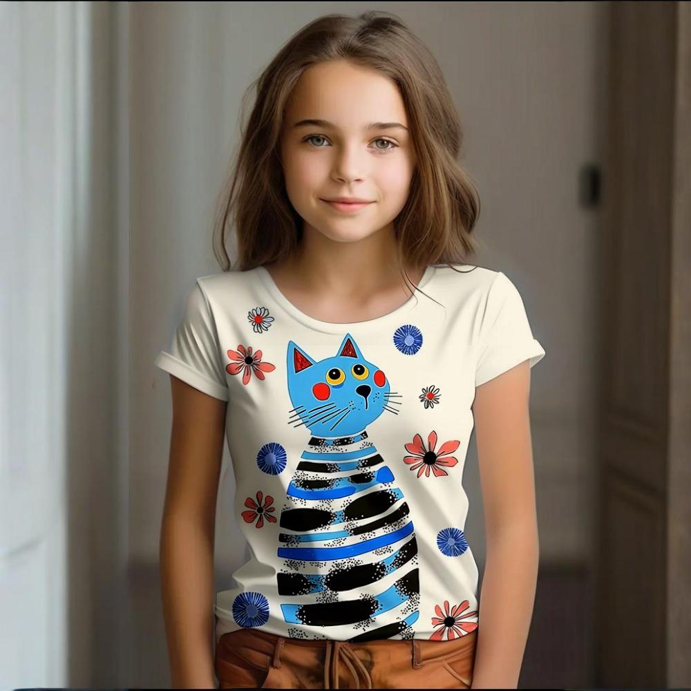 Девочка Одежда Лето Мультяшный Кот Графика Детская Одежда Рисование Короткий Рукав Круглый Вырез Топ