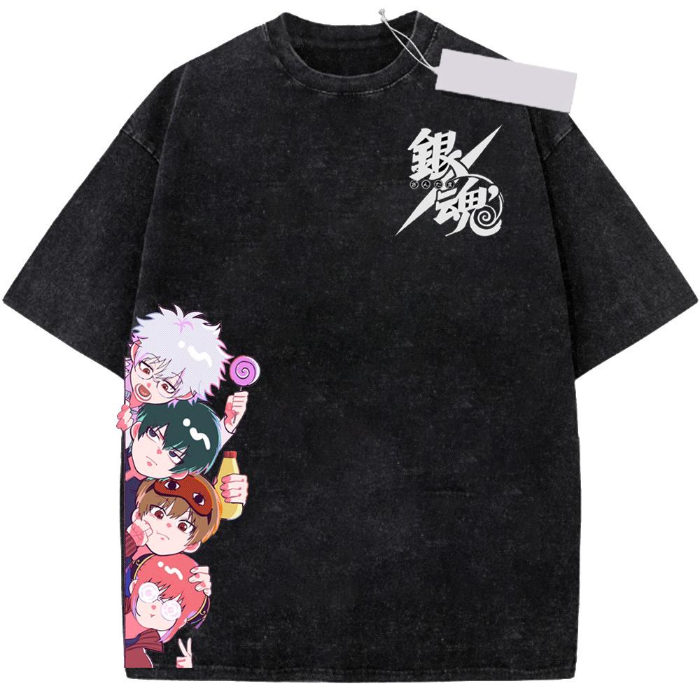 Gintama Anime Sakata Gintoki Kagura Wash T-shirt Harajuku Cotton Oversized Unisex Retro Fashion Short Sleeve Breathable Tshirt