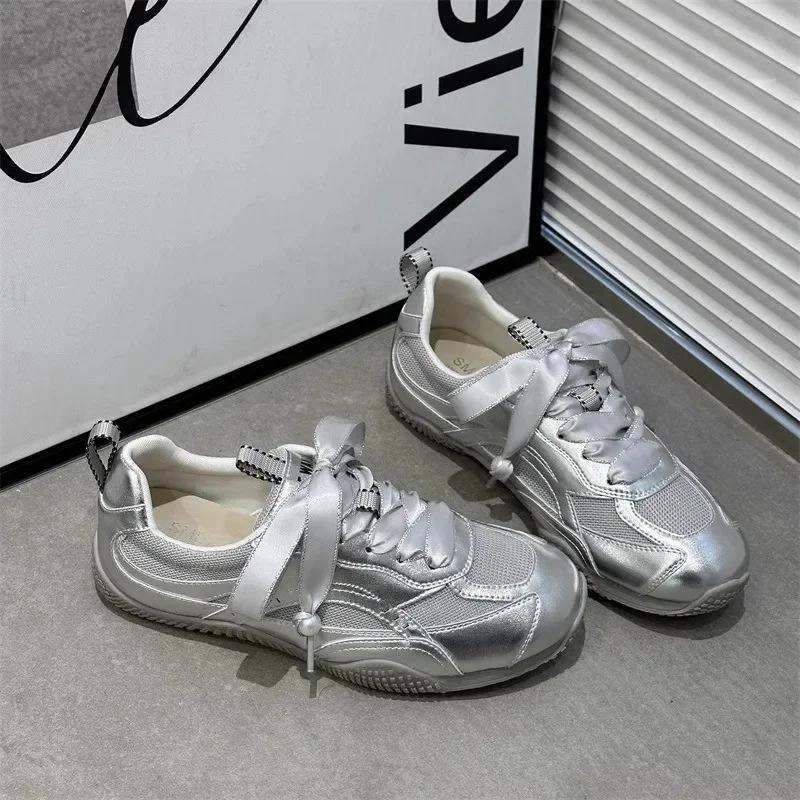 Women's German Training Shoes Summer Pearl Mesh Breathable Forrest Gump Shoes Soft Sole Silver and White