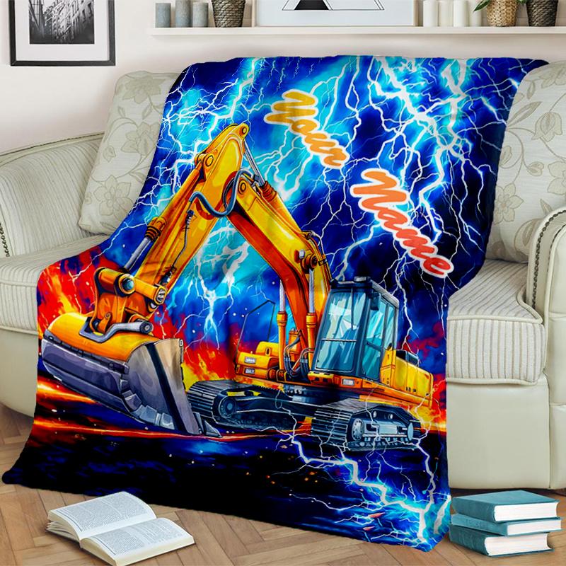 1PC Custom Name Electric Excavator Thunderstorm Flannel blankets Patterns Throw Blanket All-Season Soft Gift for Couch, Bed, Camping gifts
