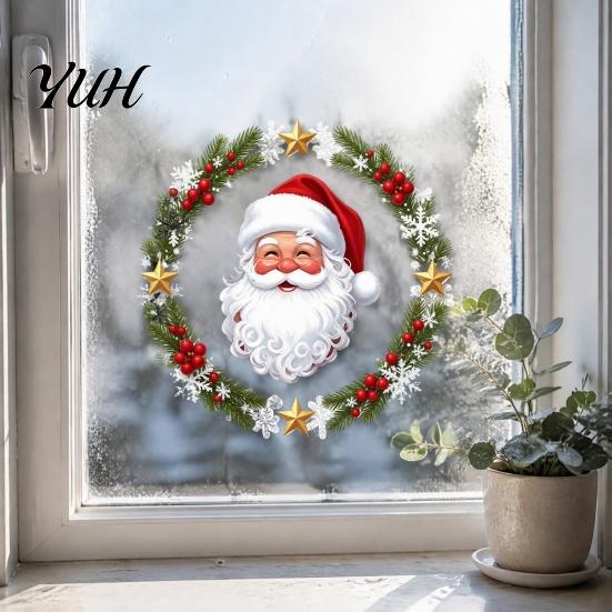 Holiday Glass Decals Christmas Window Clings, Cute Santa Claus Wreath Sticker, Cartoon Clings Static Decal for Office Shop Winter Party Decoration