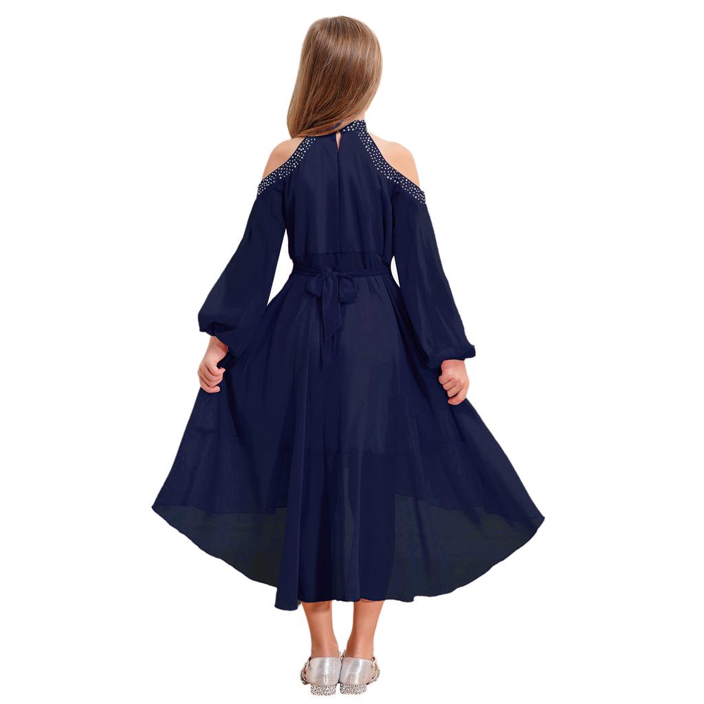 Girls Elegant Party Gown Halter Off Shoulder Long Sleeve High Waist Ruffled Irregular Hem Fake Diamond Design Dress