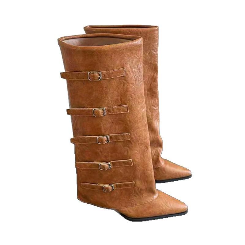 Ретро Высокие Ботинки-Рыцари с Острым Носком и Одной Пряжкой для Женщин, Осень-Зима, Большие Размеры, Брюки и Женская Обувь