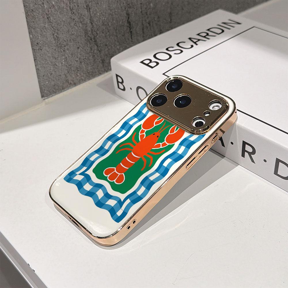 Lucky Start Phone Case For iPhone 17 16 15 14 13 12 Pro Max 16E Gold Electroplated glass shell Checker Lobster Nautical Art Cover