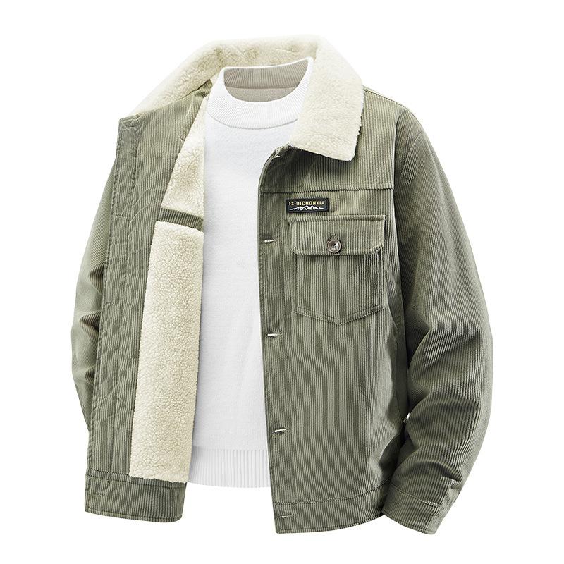 Вельветовая куртка мужская осенне-зимняя новая утолщенная флисовая для среднего возраста свободная большого размера однотонная на одной пуговице хлопковая куртка