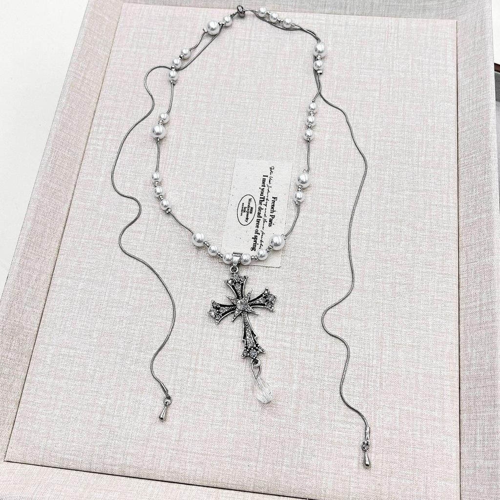 Цепочка для свитера с подвеской в виде жемчужного креста - милый, крутой, хип-хоп, уникальный темпераментный аксессуар для ключицы