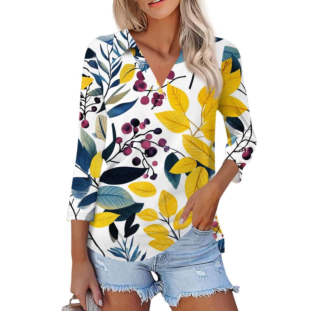 Женская летняя модная повседневная рубашка с v-образным вырезом и семью рукавами с принтом, топ