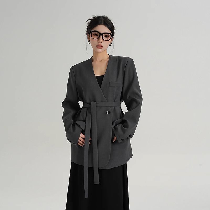 Trendy Oversized V-Neck Suit Coat for Women, Loose Fit Lazy Style V-Neck Suit Outerwear