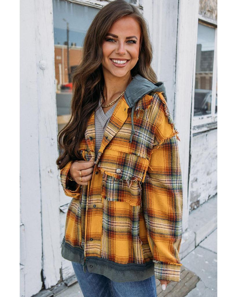 Azura Exchange Plaid Patch Hooded Frayed Snap Button Jacket
