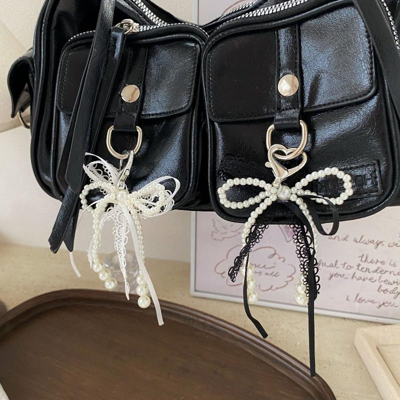 Y2K Милый кружевной брелок с искусственным жемчугом и бантом в стиле Ins, брелок с бантом, модный девичий держатель для ключей, подвеска для сумки, подарок для девочек