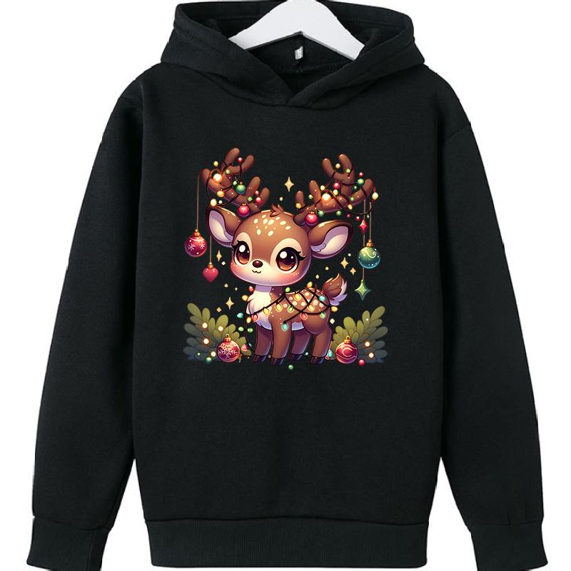 2025 Популярная Рождественская Повседневная Толстовка для Детей с Принтом Оленя, Спортивная одежда для Девочек с Длинным Рукавом, Удобный и Универсальный Топ