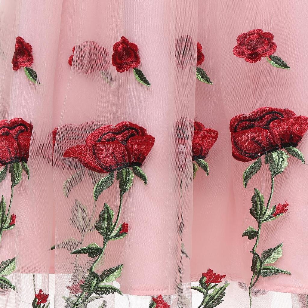 Women's Red Rose Embroided Midi Prom Dress Mesh Tulle 3/4 Sleeve Wedding Guest Bridesmaid Cocktail Evening Party Special Formal Occasion Outfit