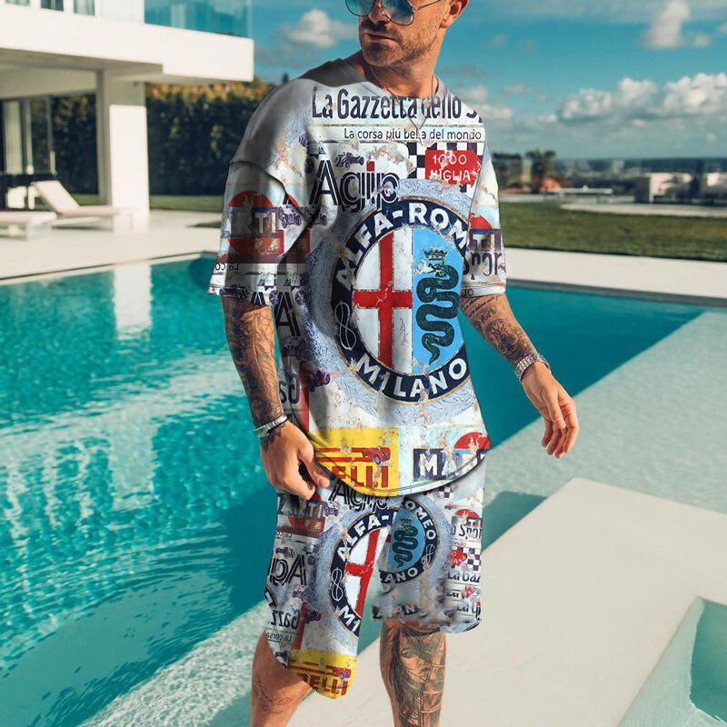Fashion Men Tracksuit Summer Short Sleeve 3D Print Shirt Outfit O Neck Travel Streetwear T-shirt Set Men's Oversized Clothing