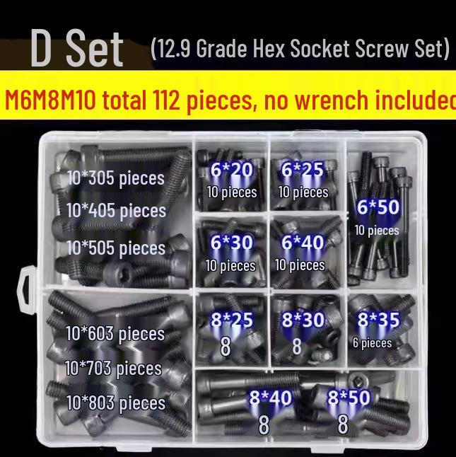 Набор из 360 высокопрочных винтов и гаек с внутренним шестигранным гнездом класса 12.9. (М3, М4, М5, М6)