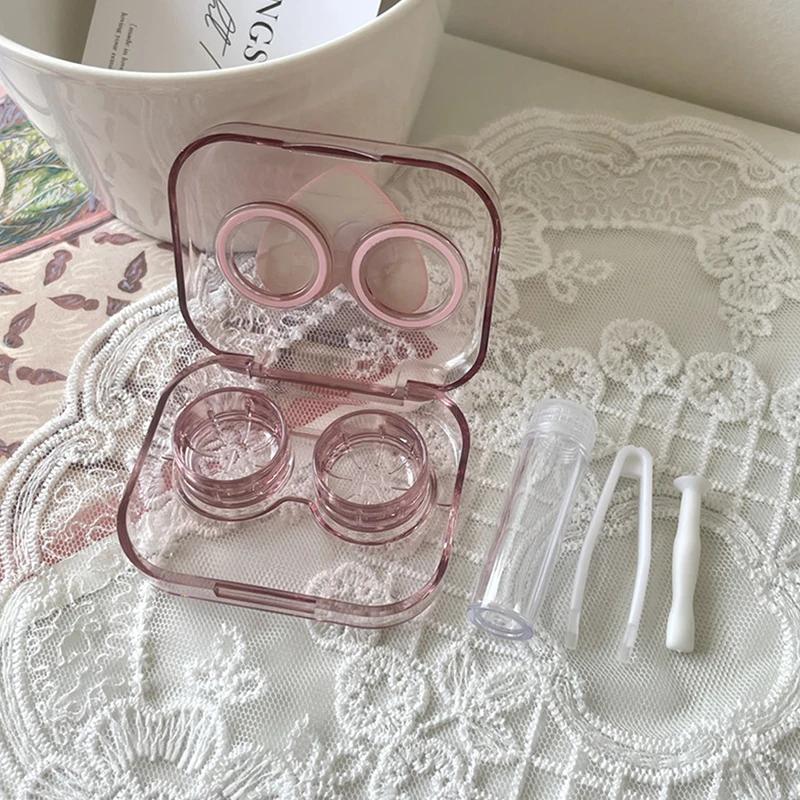 Contact Lens Cases Pink Transparent Love Bow Contact Lens Case Girl Portable Beauty Pupil Box Storage Eye Care Container Box