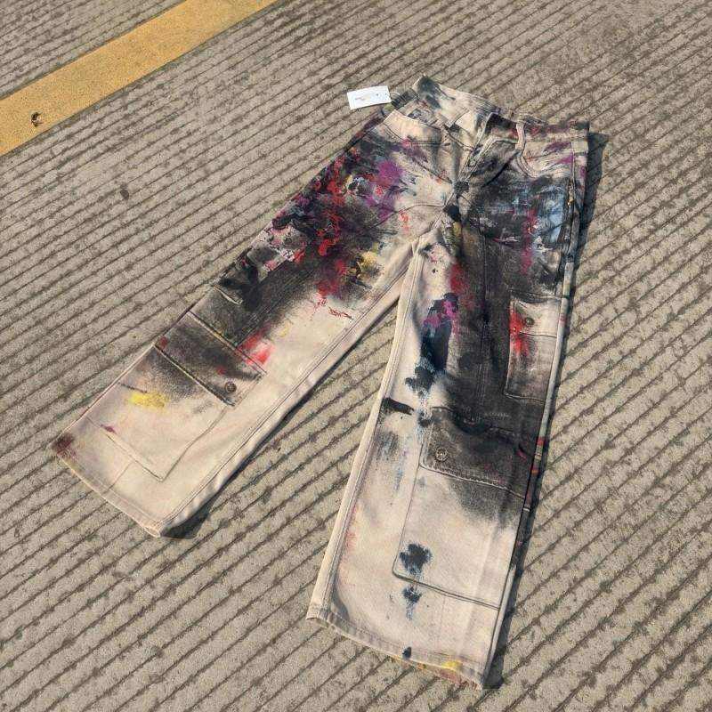 Vintage 1981 Tie-Dye Graffiti Print 3D Textured Distressed Wide-Leg Denim Jeans Men