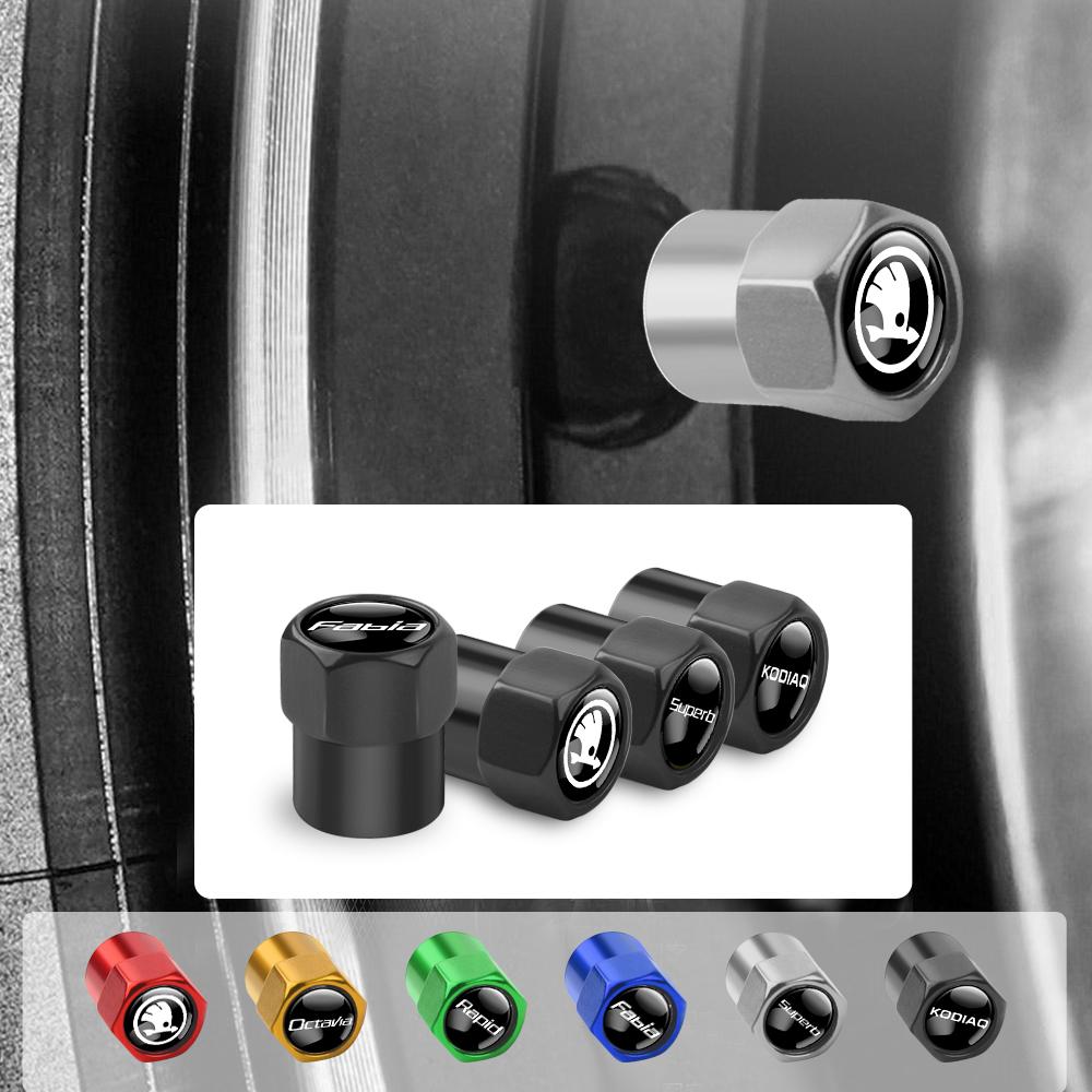 LKPP1 4Pcs Car Tire Valve Cap Metal Logo Dustproof Cover Accessories For Skoda Kodiaq Octavia Enyaq Kamiq Scala Rapid Superb Karoq RS