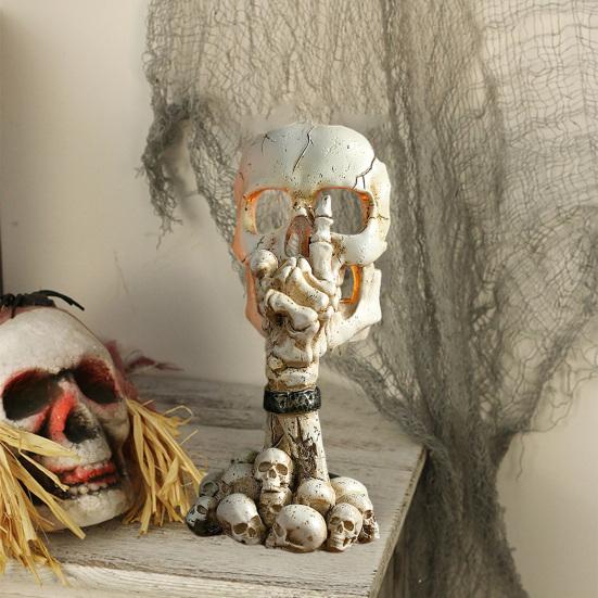 Подсвечник в виде черепа на Хэллоуин, готический, без слов, черно-белый, из смолы, со скелетом