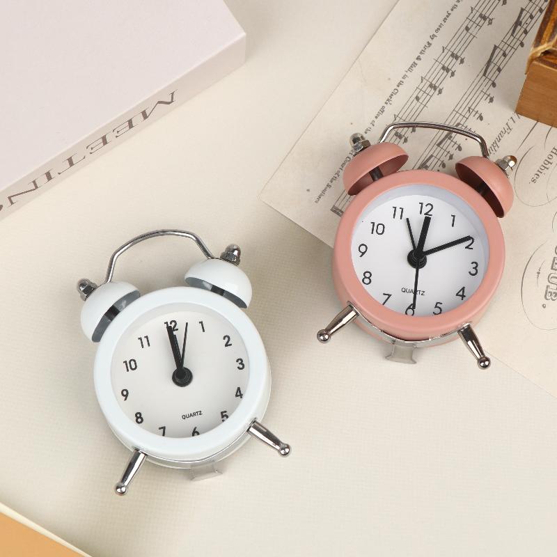 Mini Retro Twin Bell Alarm Clock Metal Frame Loud Wake Up Timer Compact Small Desk Ornament for Student Dorm Bedroom Bedside Use