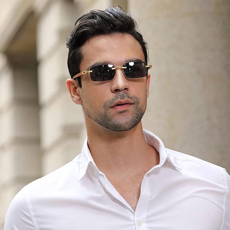 Прямоугольные солнцезащитные очки без оправы для женщин и мужчин, ретро, винтаж, 90-е, гангстерские, модные, очки с деревянной оправой