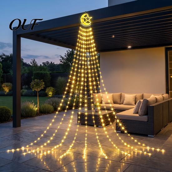 Durable Waterproof LED Strips Solar Christmas Tree Waterfall Light, 11.5FT 346 Powered String Light Festive Winter Wonderland Lighting with Star Moon