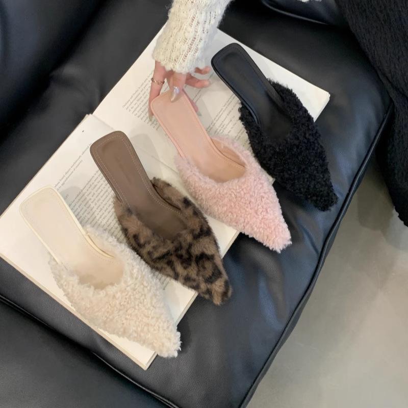 New Slippers Women's Fashion Temperament Beautiful Color Fluffy Half Slippers Women's Stiletto High Heel Bag Drag High Heels Winter