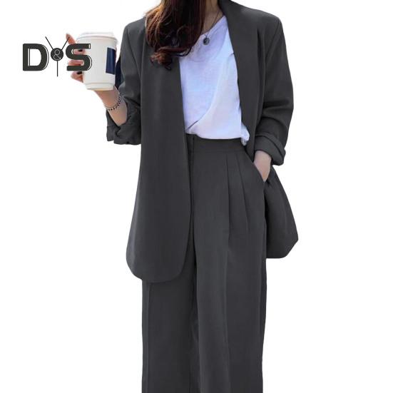 Женский комплект из 2 предметов: пальто и брюки, длинный рукав, ажурный кардиган, куртка средней длины, свободные прямые широкие брюки с высокой талией, формальные деловые брюки