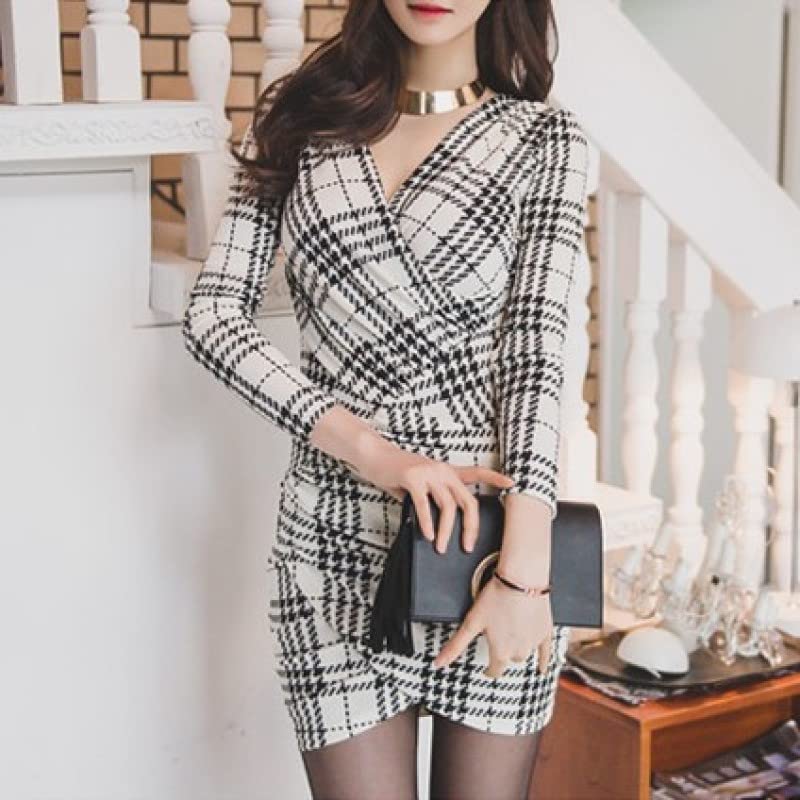 ISLAYCAOLILA Elena Cabaret Mini Club Party Tight Mini Check Long High Gathered Dress Size Women's Dress, Dress, Dress, Dress, Dress, Dress,