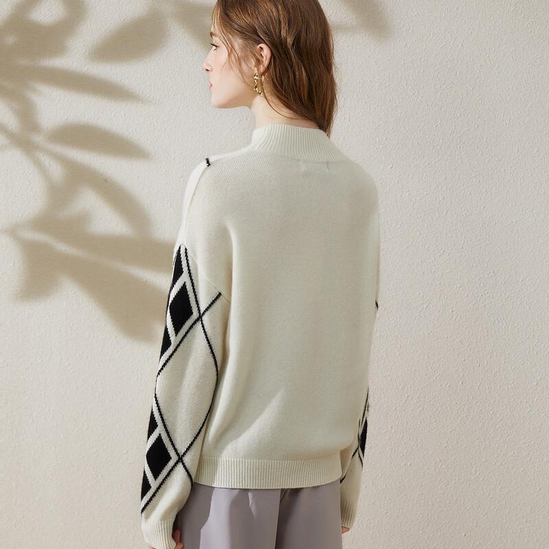 TUHUANG Women's Pure Wool Color-Block Half-High Neck Knit Sweater