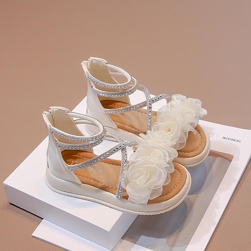Сандалии принцессы для девочек с цветами, летняя мода, детская обувь со стразами, мягкая подошва, гладиаторские сандалии для больших детей