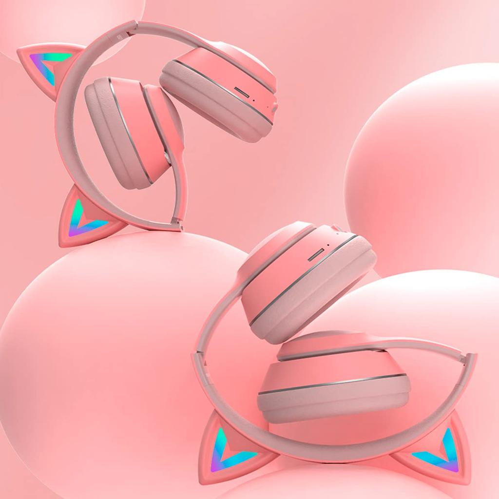 Cute Cat Ear Headset, Bluetooth Earphones, Wireless Sports Stereo Headset for Women with Illuminated Cat Ears, 5.0 Sound Quality, LED Lights,