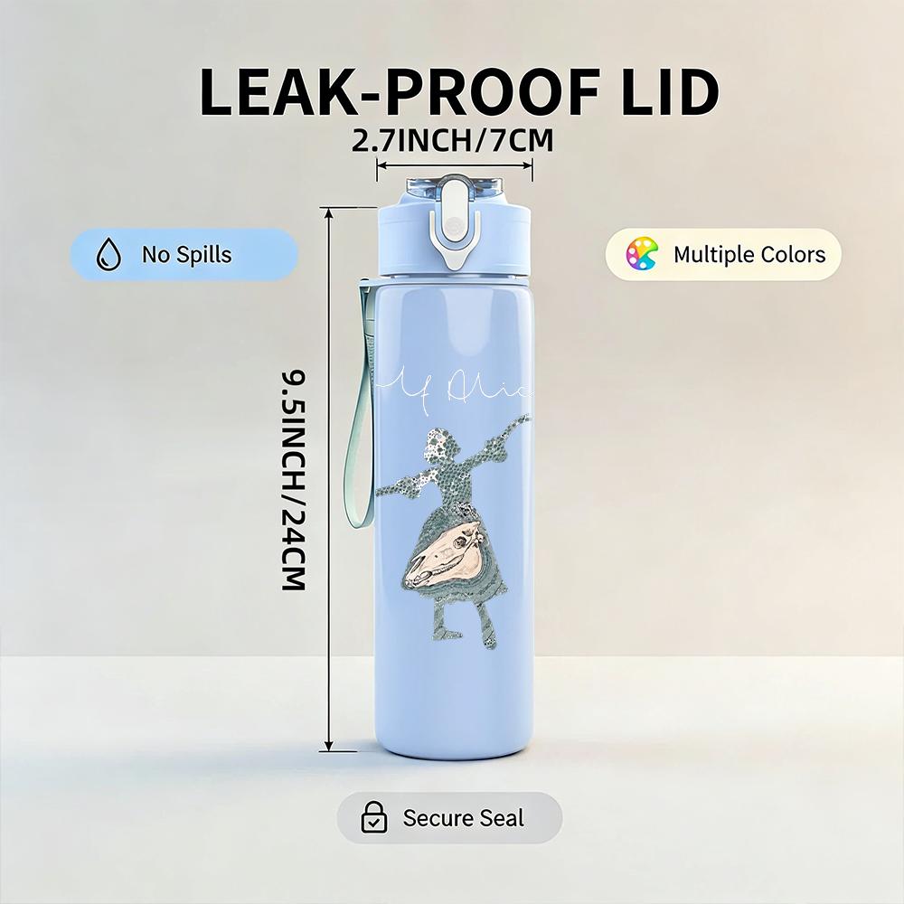 1PC Dancing female figure line sketch print 750ml colorful plastic sports water bottle leakproof pop up lid with straw for outdoor work home use