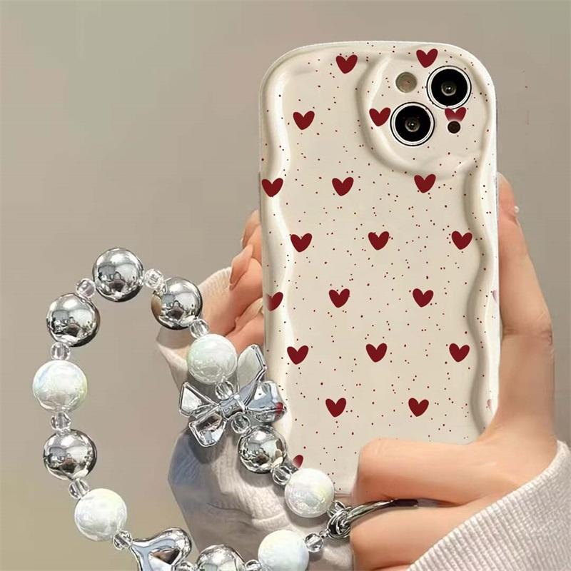Black Dots Heart Cover For IPhone 17 Air 16 15 14 13 12 11 Pro Max 17 Pro 16e 15 Plus 13 Mini Case Love Bow Chain Silicone