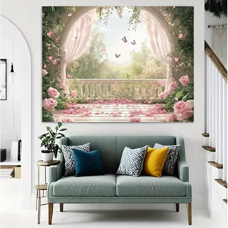 Pink Rose Balcony Tapestry, Romantic Floral Butterfly Background Cloth, Wedding Party Backdrop