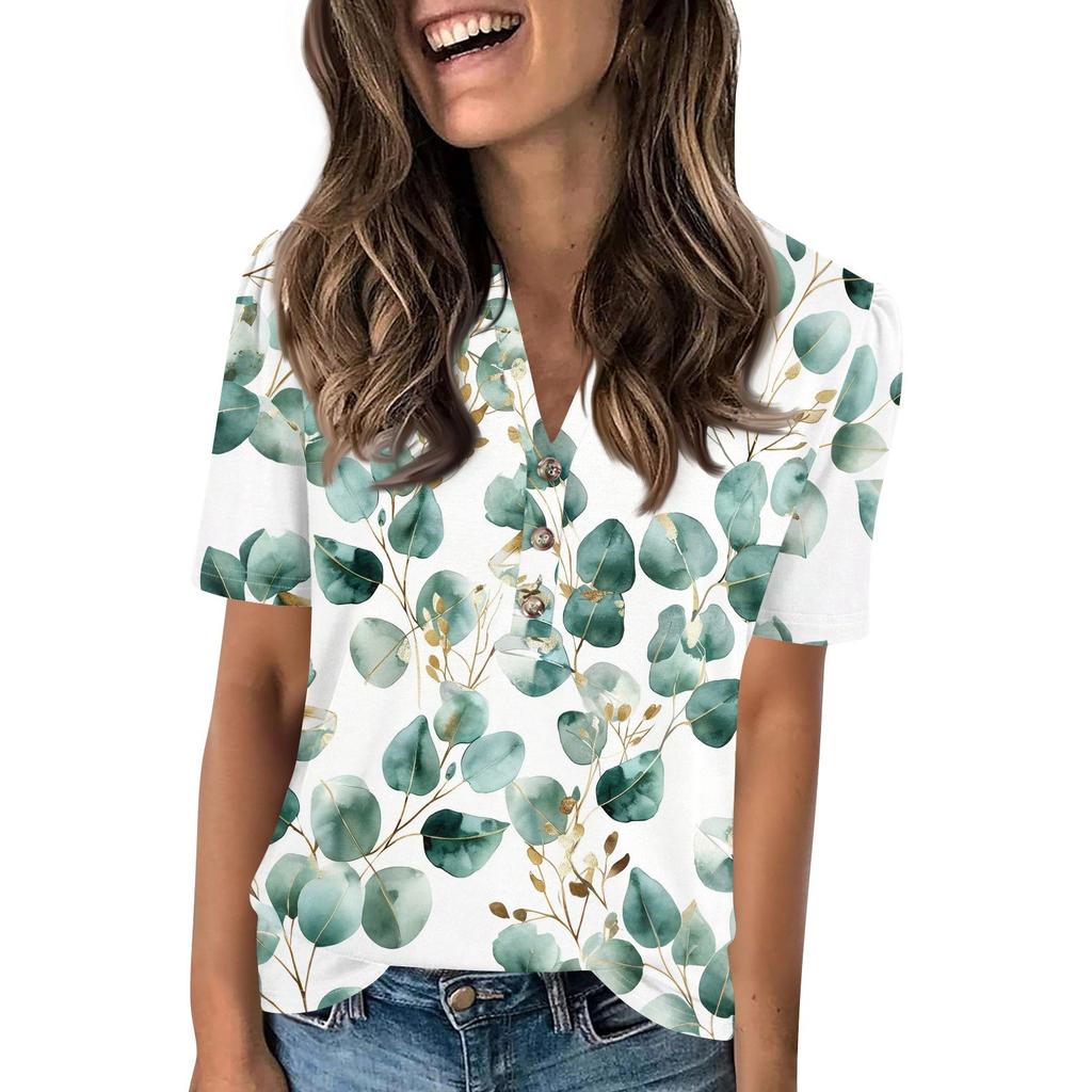 Women's Fashionable Casual Short Sleeve Button Print V-Neck Pullover Top