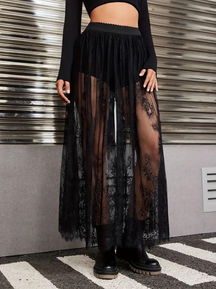 Европейская и американская мода Кружевная полупрозрачная миди-юбка крючком - Сексуальная, А-силуэт, Весна/Лето, Микроэластичная.