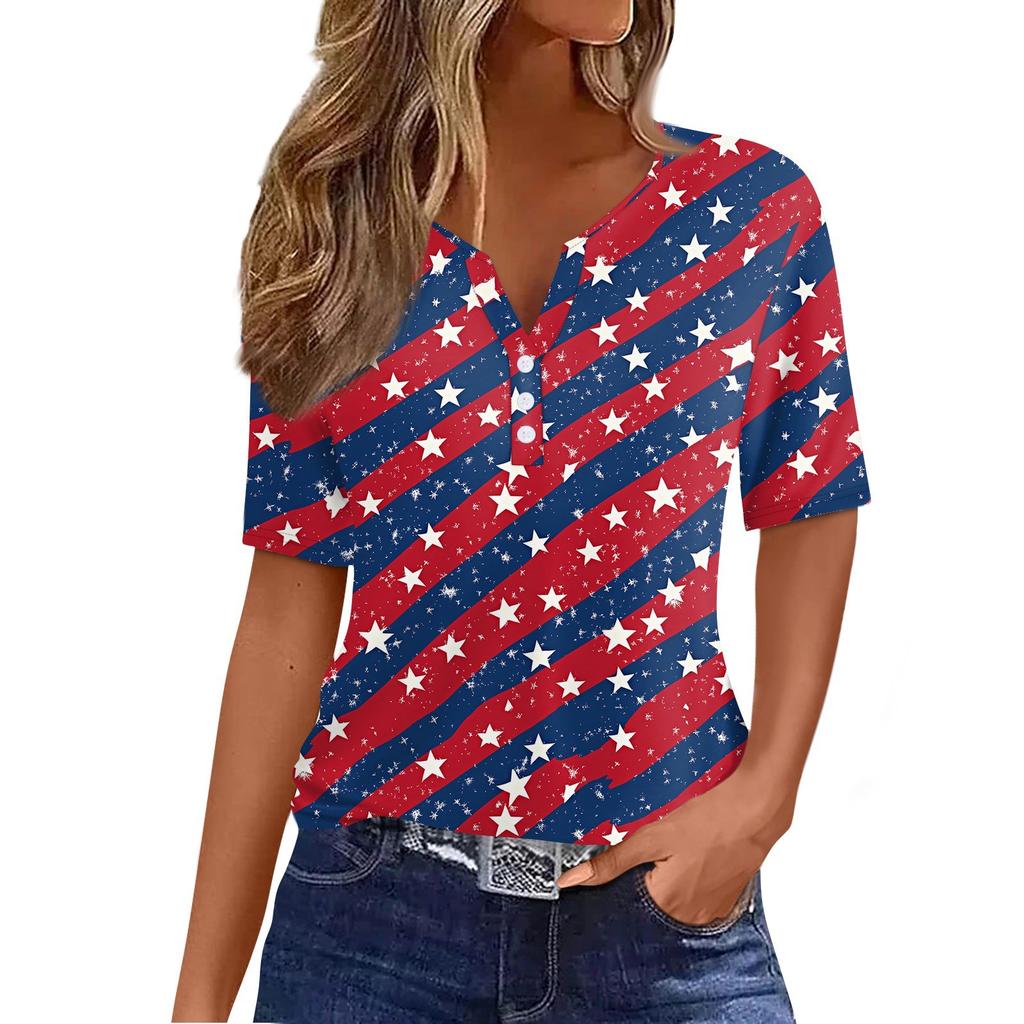 Women's T Shirt Independence Day Print Button Short Sleeve Daily Weekend Fashion Basic V- Neck Regular Top