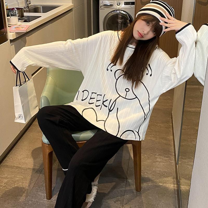 Пижамы с принтом, комплект из двух предметов, студенческий корейский, свободный, повседневный, с круглым вырезом, с длинными рукавами, весенне-осенний, сладкий, негабаритный, шикарный тренд