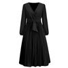Spring and Autumn Women's Dress Solid Color Long Sleeve Slim Temperament Elegant Pleated Belt V-Neck Dresses