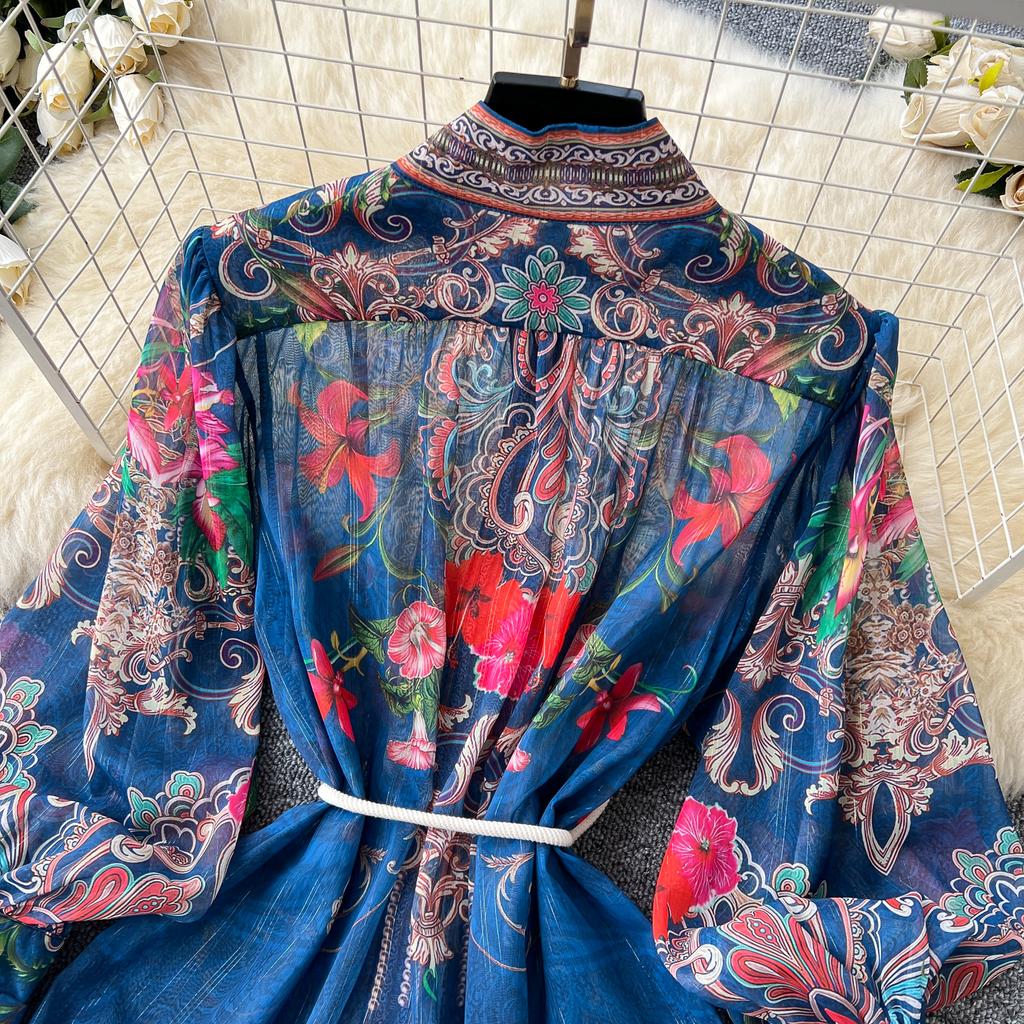 Весна-лето Женское винтажное платье с принтом дворца на подиуме с рукавами-фонариками Длинные макси-платья для отдыха на пляже с поясом