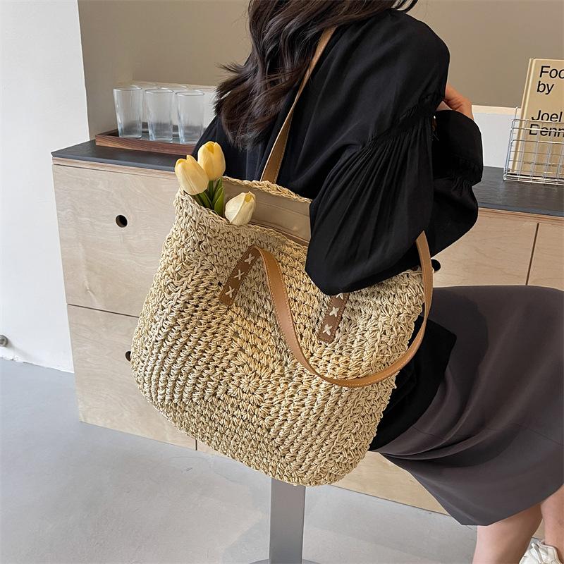 Simple and Large-capacity Straw Woven Bag Fashion Summer Beach Women's Shoulder Bag Trendy Zipper Handbags for Girls