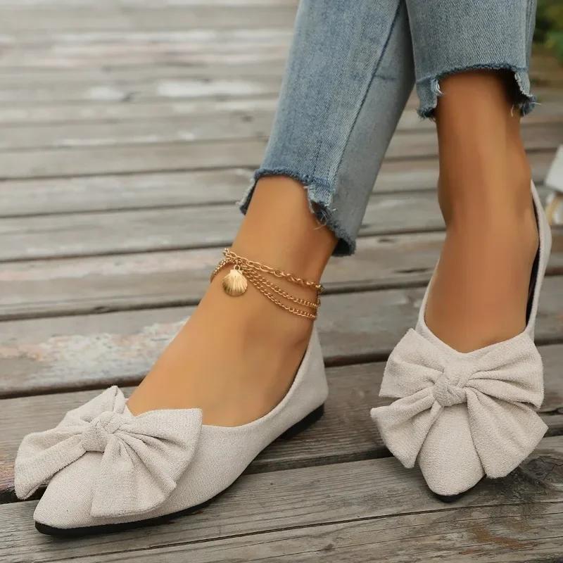 2024 Women's Flat Shoes Summer New Style Bow Pointed Toe Women's Loafers Fashion Sports Shoes Casual Shallow Mouth